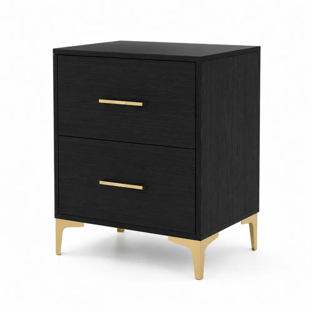 Table de chevet 2 tiroirs en bois MDF et acier inoxydable Noir