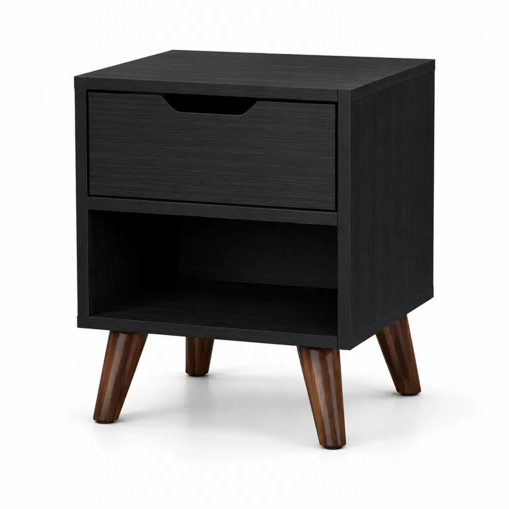 Table de chevet en bois avec tiroir et étagère noir