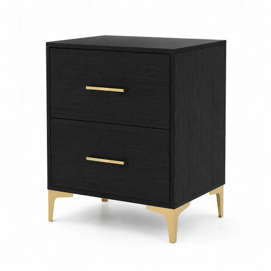 Table de chevet 2 tiroirs en bois MDF et acier inoxydable Noir