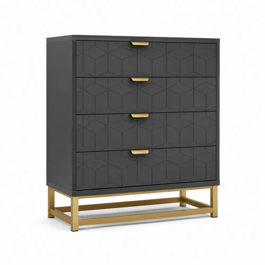 Commode en bois et métal avec 4 tiroirs Gris et Or