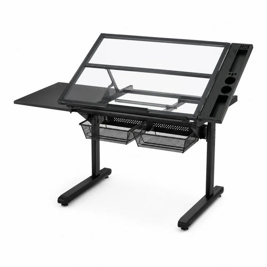 Table à Dessin en Verre Noir avec Cadre Métal et Rangement