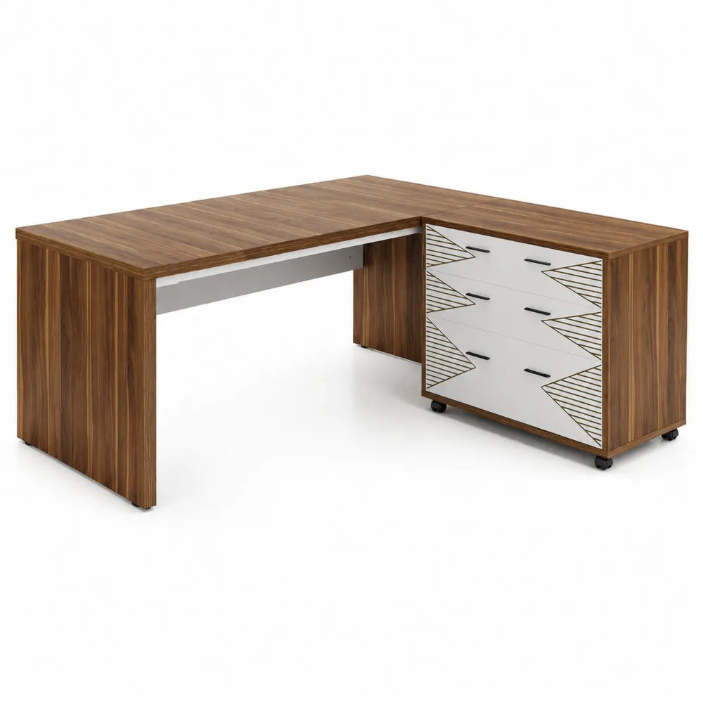 Bureau d'angle en bois avec trois tiroirs