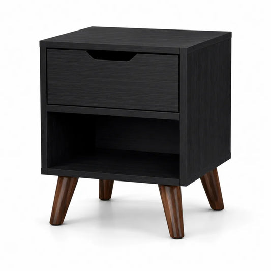Table de chevet en bois avec tiroir et étagère noir