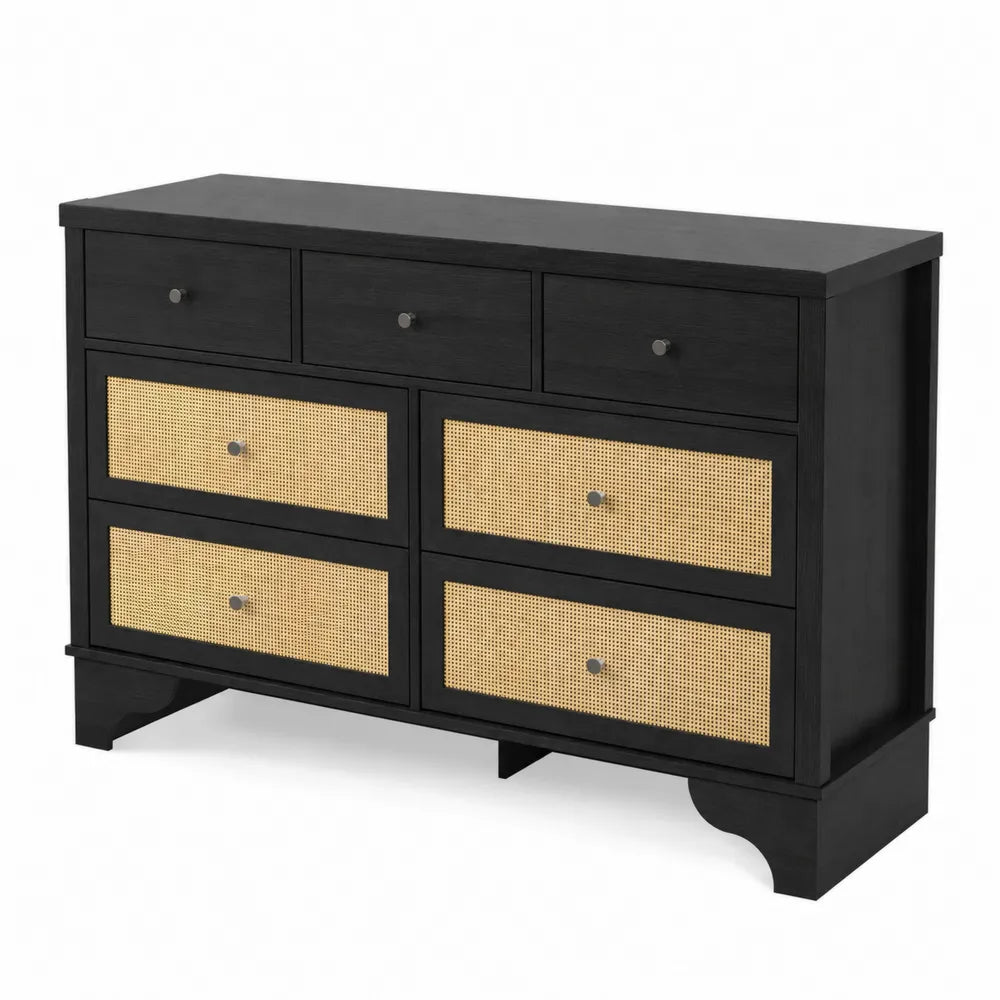 Commode en Bois Noir et Rotin à 6 Tiroirs