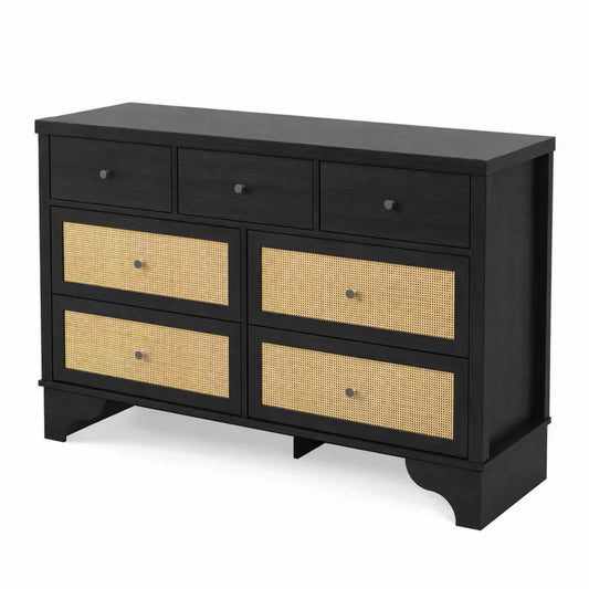 Commode en Bois Noir et Rotin à 6 Tiroirs