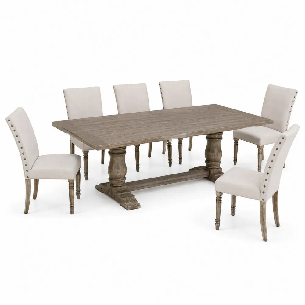 Ensemble Table Rectangulaire en Bois et 6 Chaises en Tissu Beige