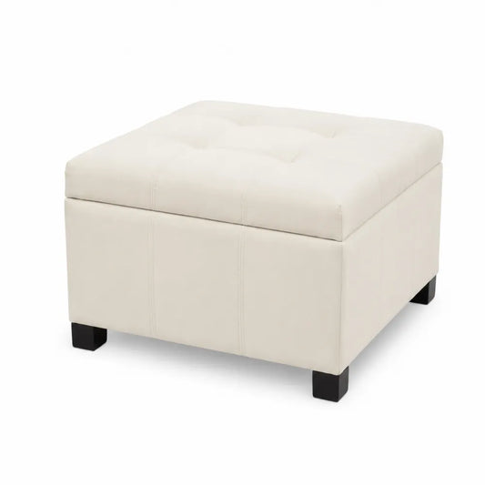 Pouf de rangement en cuir synthétique Beige avec pieds en bois 50x50x40 cm