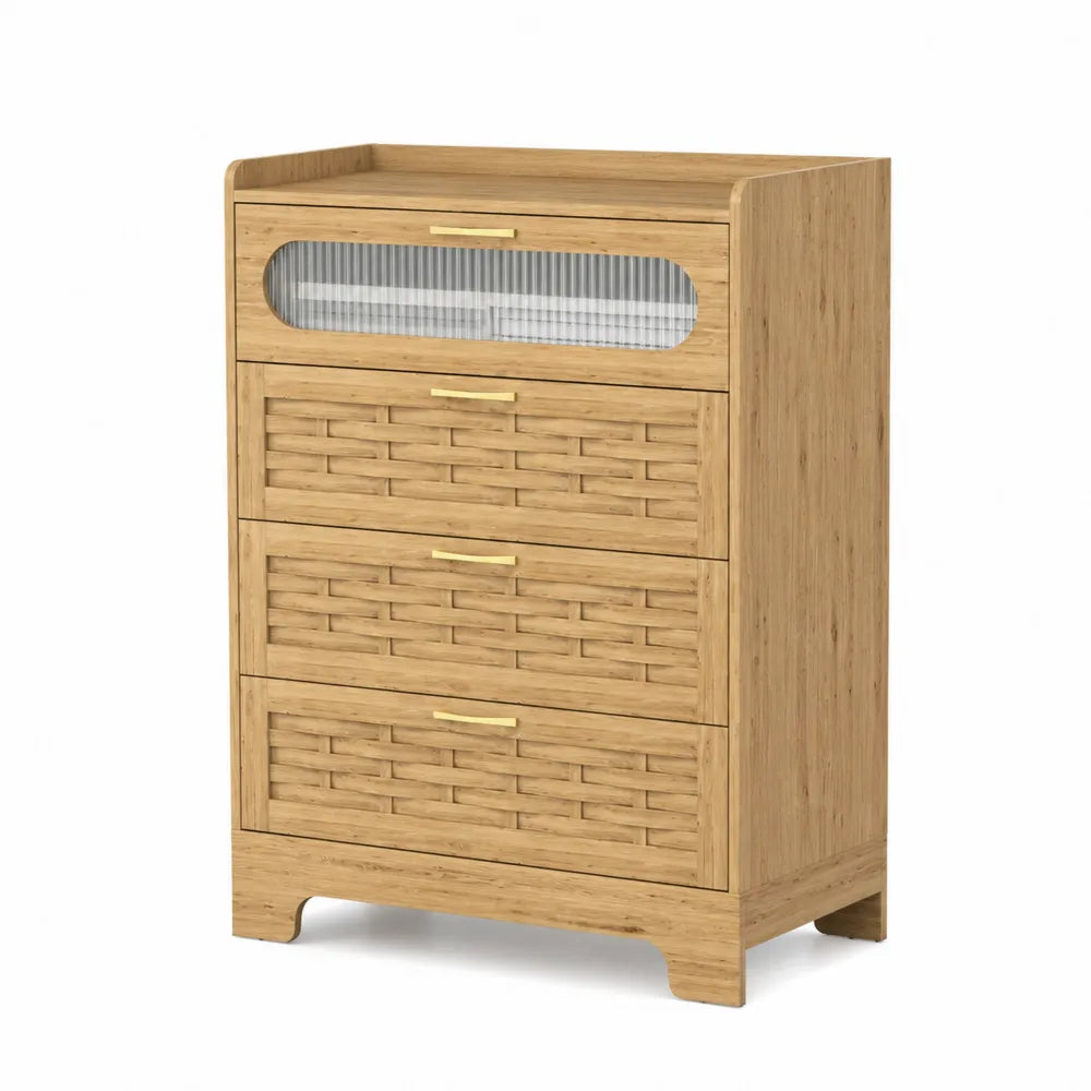 Commode en bois avec tiroirs en osier et verre translucide
