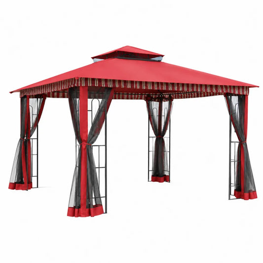 Pavillon de jardin en métal rouge et noir avec rideaux en maille